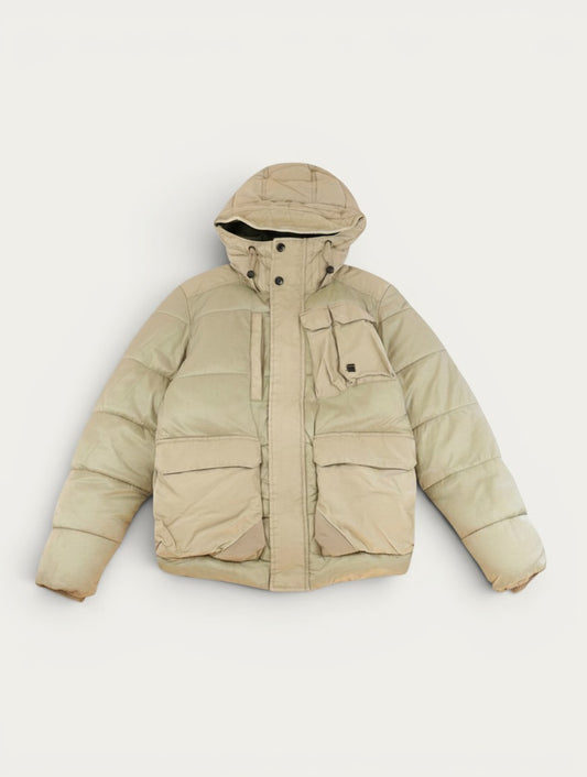 Chaqueta acolchada beige G-Star Raw vintage con capucha y múltiples bolsillos, estilo 00s.