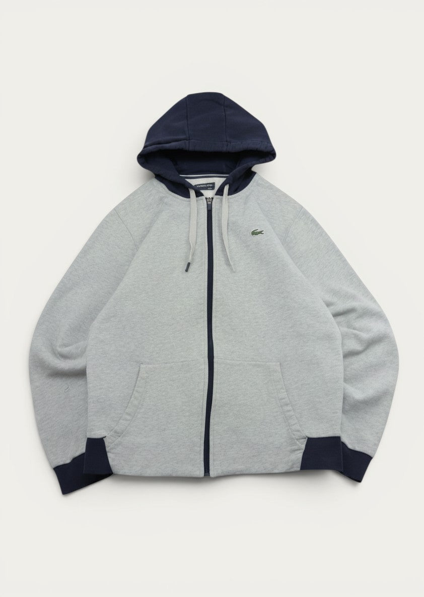Sudadera con cremallera gris de Alabama Vintage con capucha azul marino y logo de cocodrilo verde bordado.