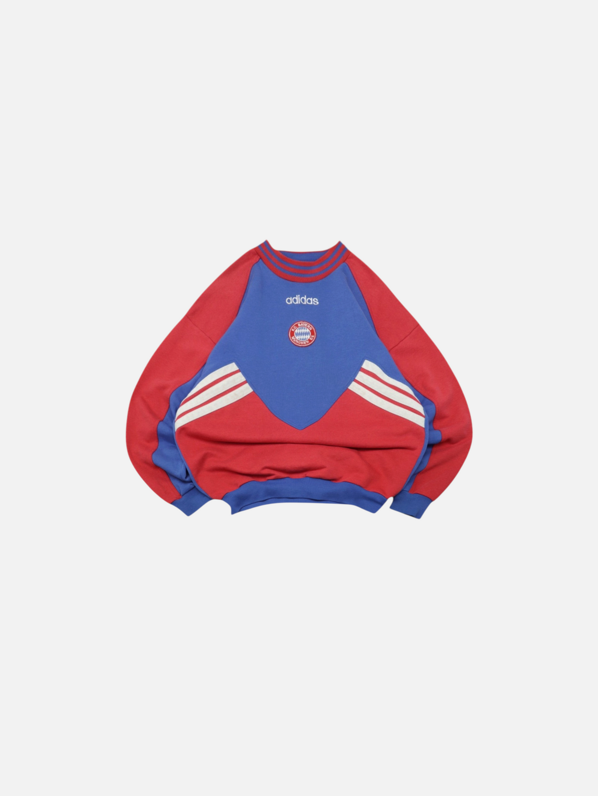 Sudadera vintage Alabama Vintage de Adidas del Bayern München 1995-96 en rojo y azul con detalles de rayas blancas