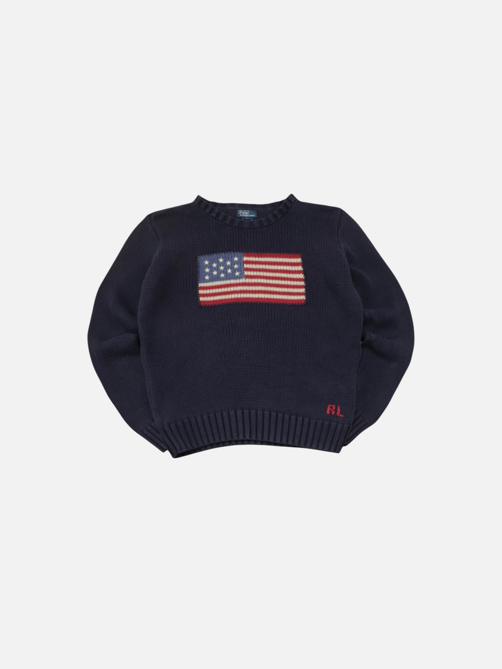 Jersey de punto azul marino Alabama Vintage Ralph Lauren con bandera americana y logo RL bordado en estilo años 2000