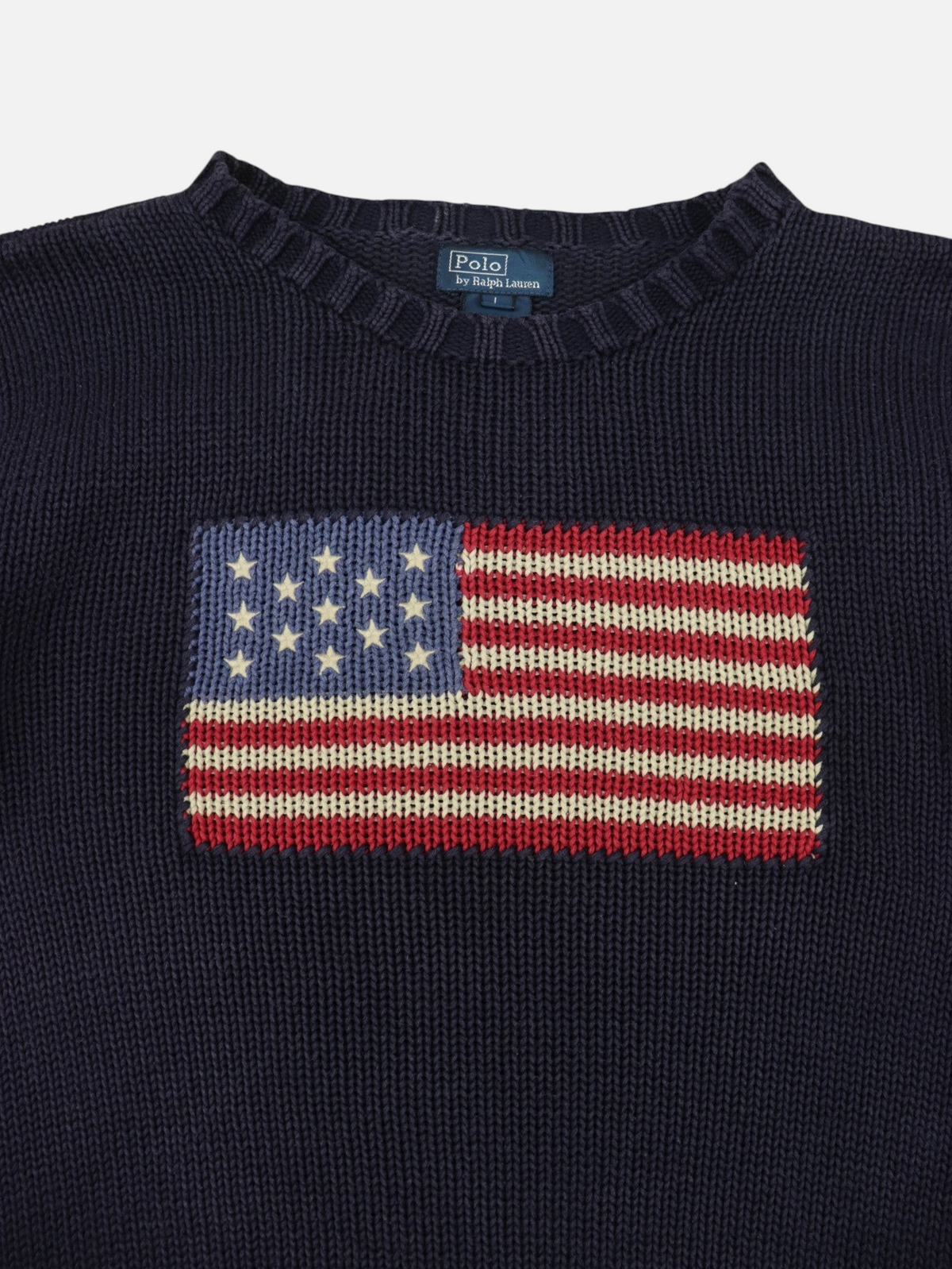 Jersey de punto azul marino Alabama Vintage con bandera de Estados Unidos tejida en el pecho estilo vintage años 2000