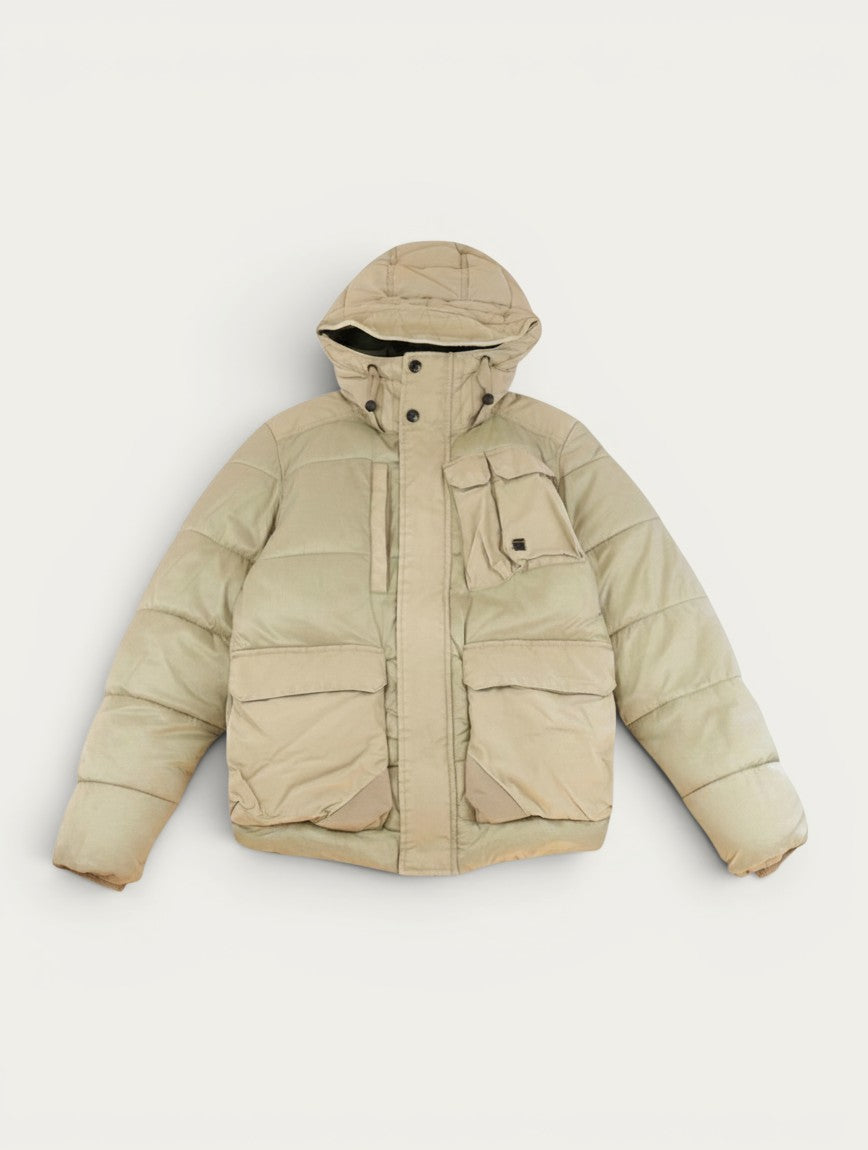Chaqueta acolchada beige G-Star Raw vintage con capucha y múltiples bolsillos, estilo 00s.